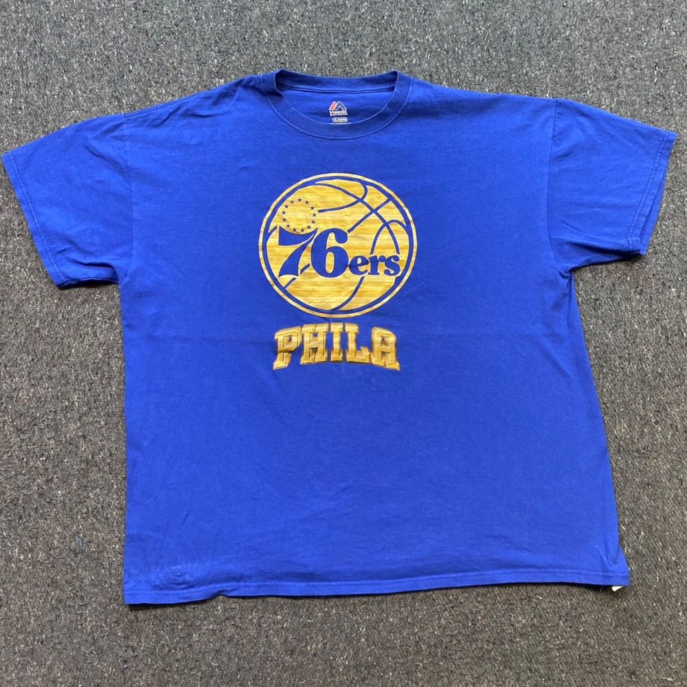 Majestic Philadelphia 76ers TShirt Sz XL Mens Blue Sportswear Wood Grain Logo